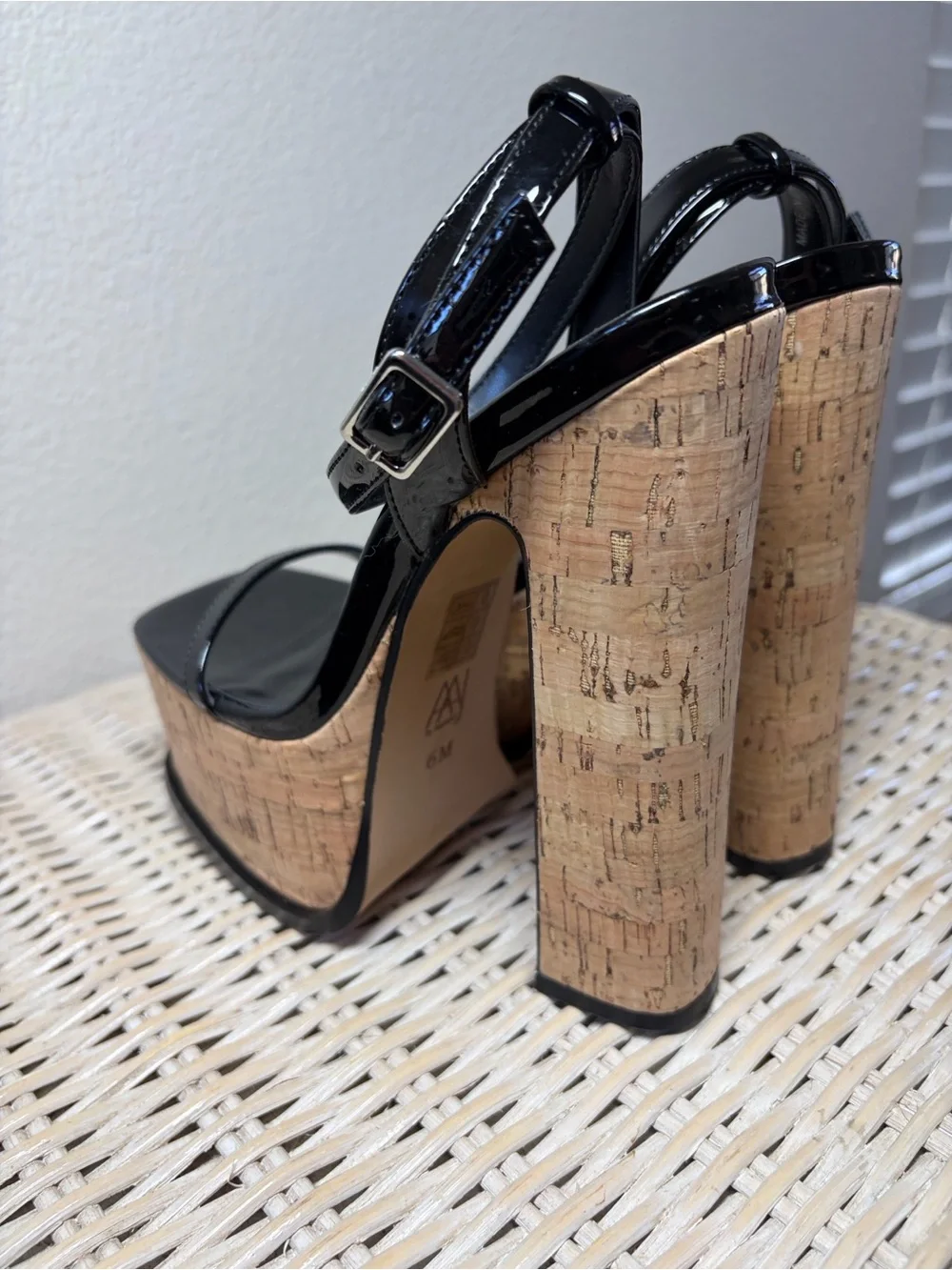 Black Patent Cork Platform Sandals with Ankle Strap